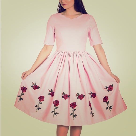 pink dress with red roses
